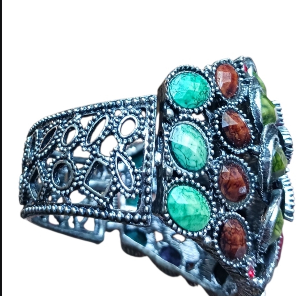 Boho Chic Flower Hinge Cuff Statement Bracelet Chunky - Picture 7 of 11